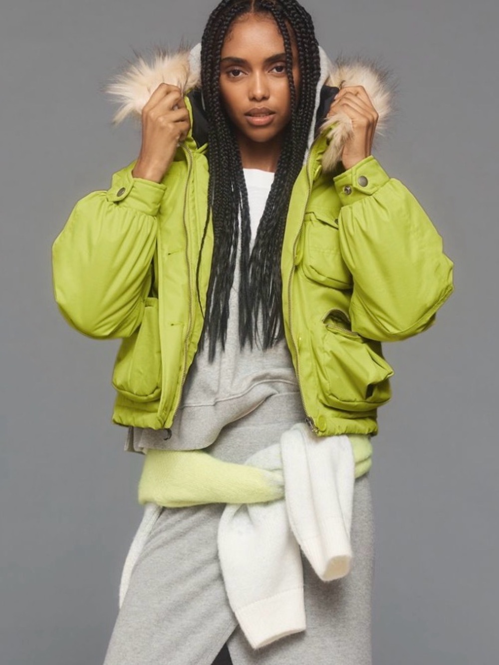Cropped Lime Green Puffer Jacket with Faux-Fur Hood by Anthropologie